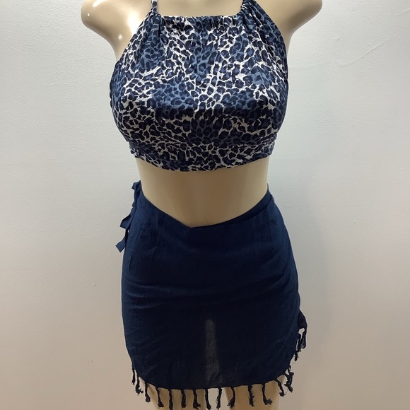 Zuliana Leopard Print Halter Top and Navy Fringe Sarong Skirt. 100% Rayon - Picture 2 of 4